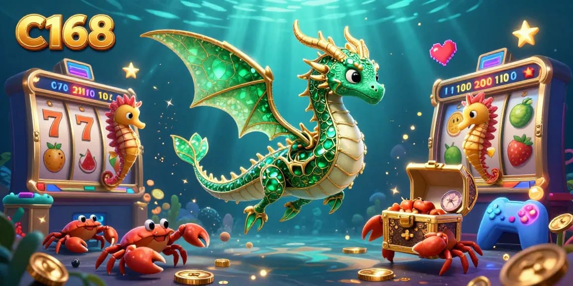 C168 players engage with colorful games in a vibrant underwater casino scene filled with excitement.