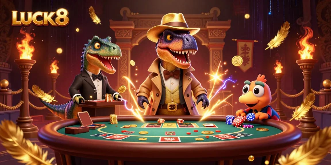 LUCK8 offers exciting blackjack action with animated characters in a vibrant casino scene.