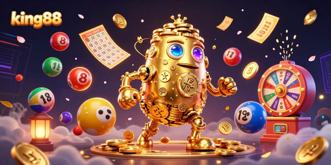 Engage with king88's thrilling casino experience featuring a golden golem and vibrant lottery elements.