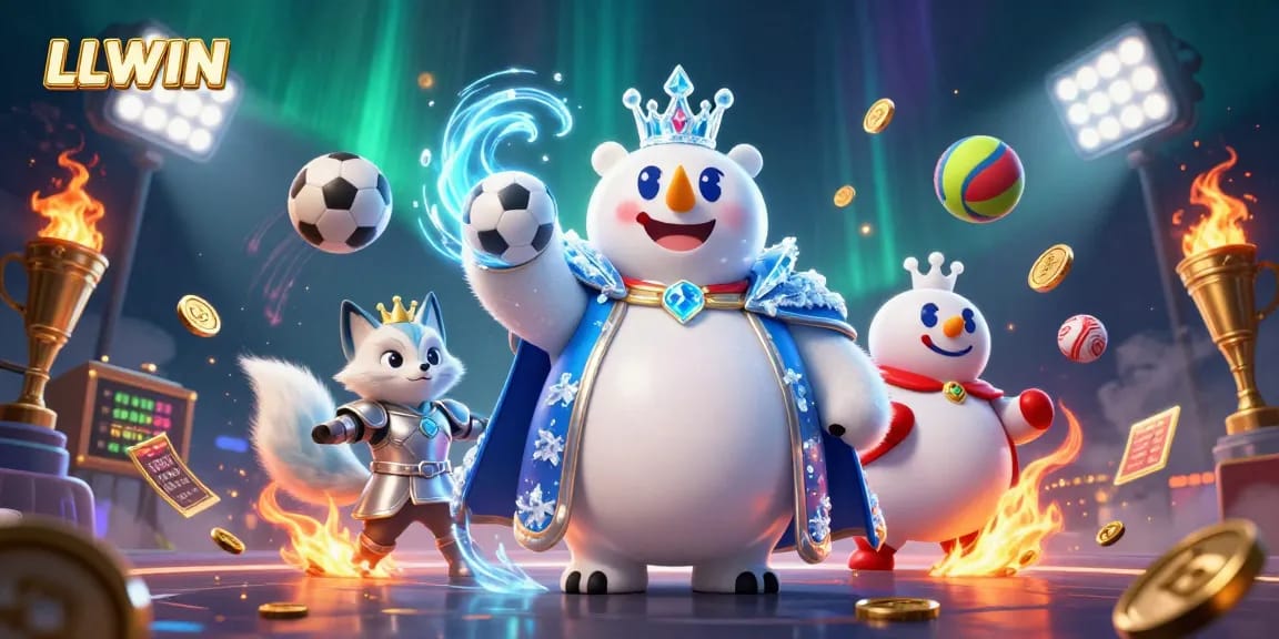 Experience the excitement of LLWIN online betting with a dynamic casino scene featuring an ice king and vibrant sports elements.