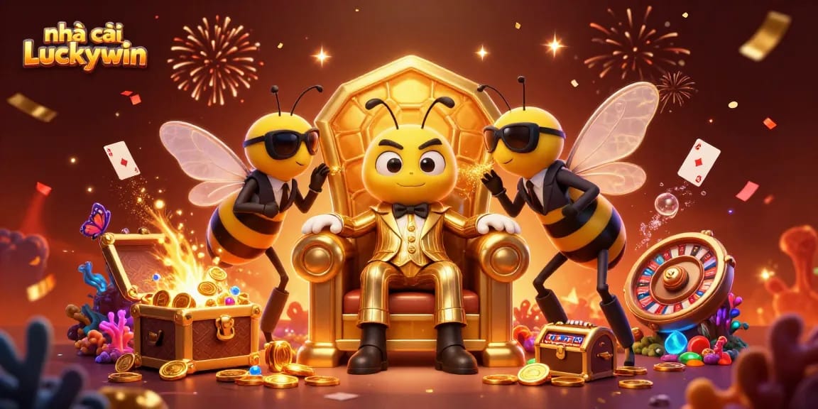 Engage in exciting gameplay with nhà cái Luckywin, featuring a dynamic casino scene illuminated by gold and vibrant colors.