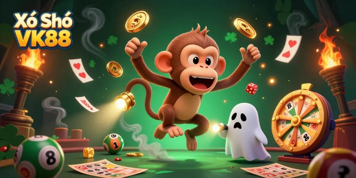 Xổ Số VK88 showcases fascinating lottery elements, featuring golden juggling monkey in a haunted casino scene.