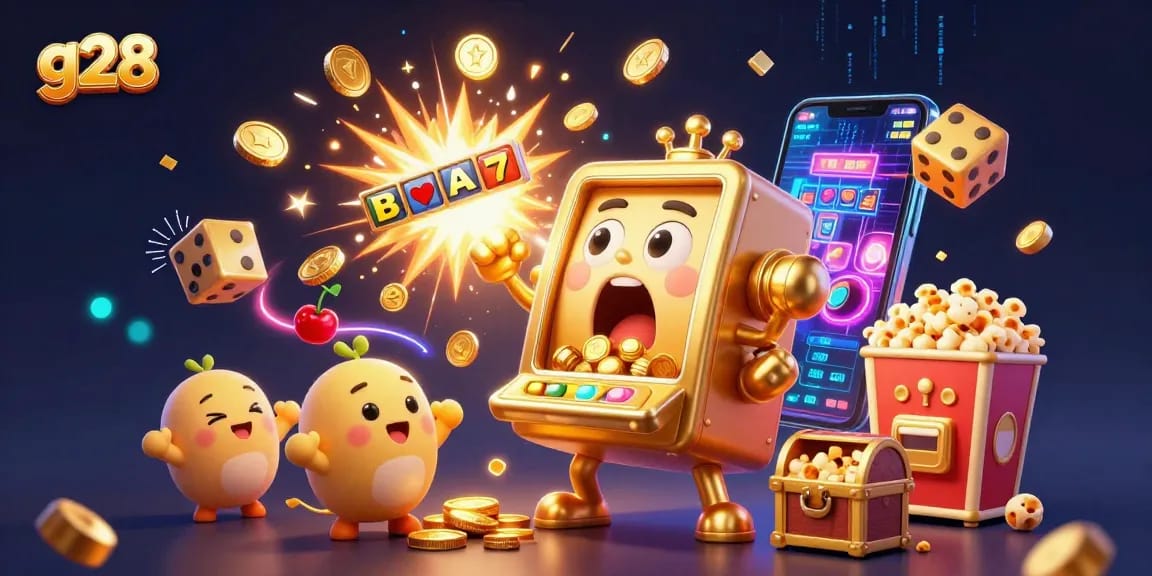 Celebrate winnings with g28's animated gambling world filled with colorful slot machines and jackpots.