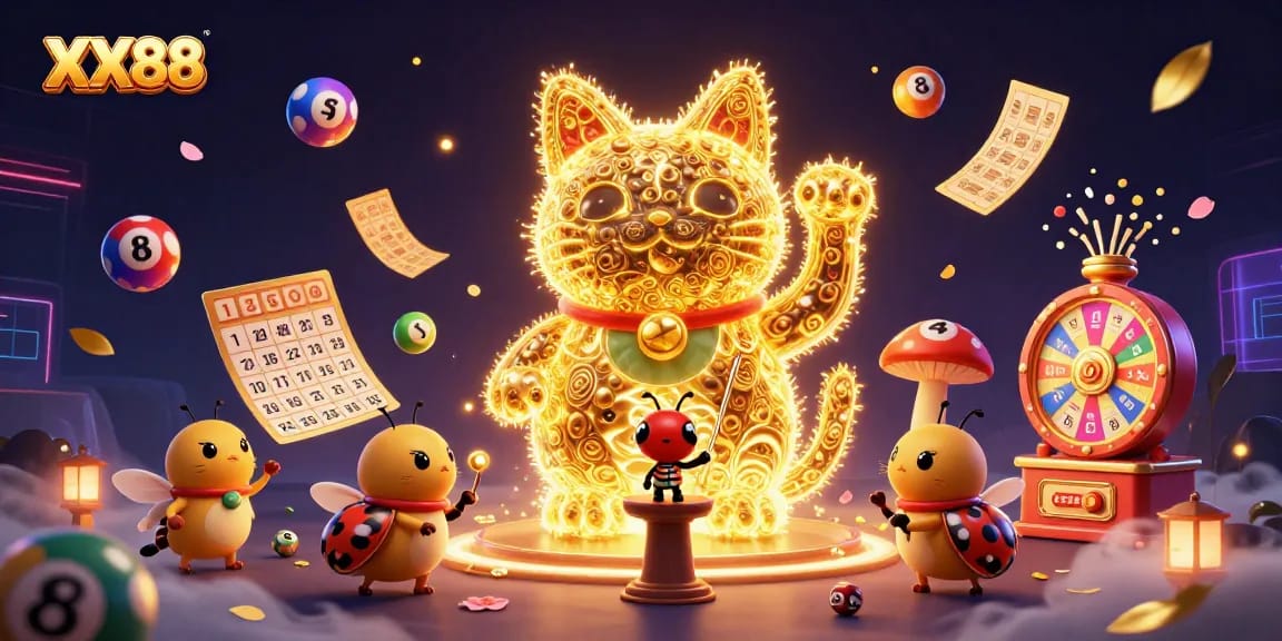 Experience the magic of XX88 with golden fireflies and vibrant casino symbols bringing luck.