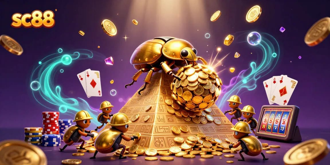 Experience thrilling wins at SC88 with a captivating scene of golden beetles and casino treasures.