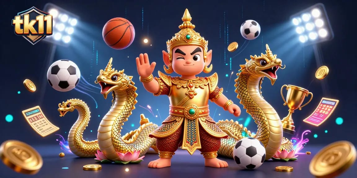 Experience exciting gaming at tk11 with a vibrant 3D digital illustration of engaging characters and sports elements.