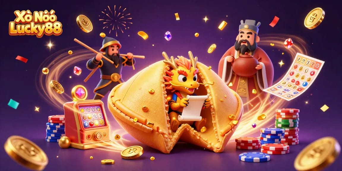 Xổ Số Lucky88 showcases exciting lottery symbols and colorful bingo cards in a captivating casino scene