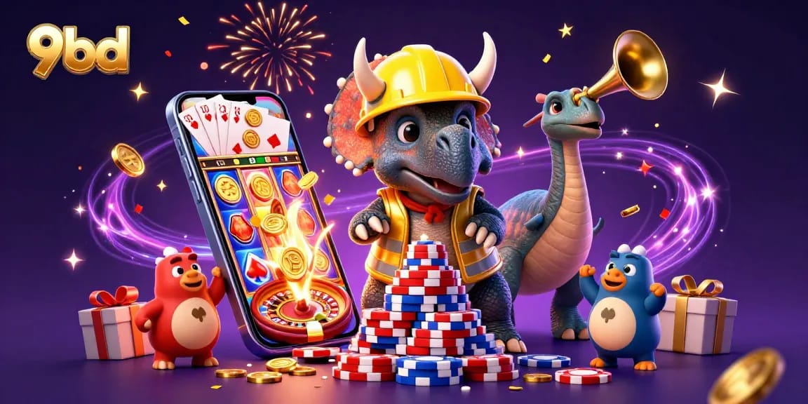 Experience thrilling gaming at 9bd with vibrant 3D characters celebrating big wins in a casino scene.