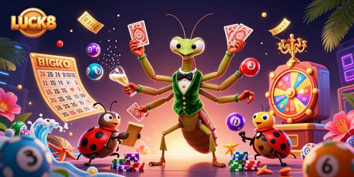 LUCK8 players engaging in a vibrant casino scene with colorful lottery elements and characters.