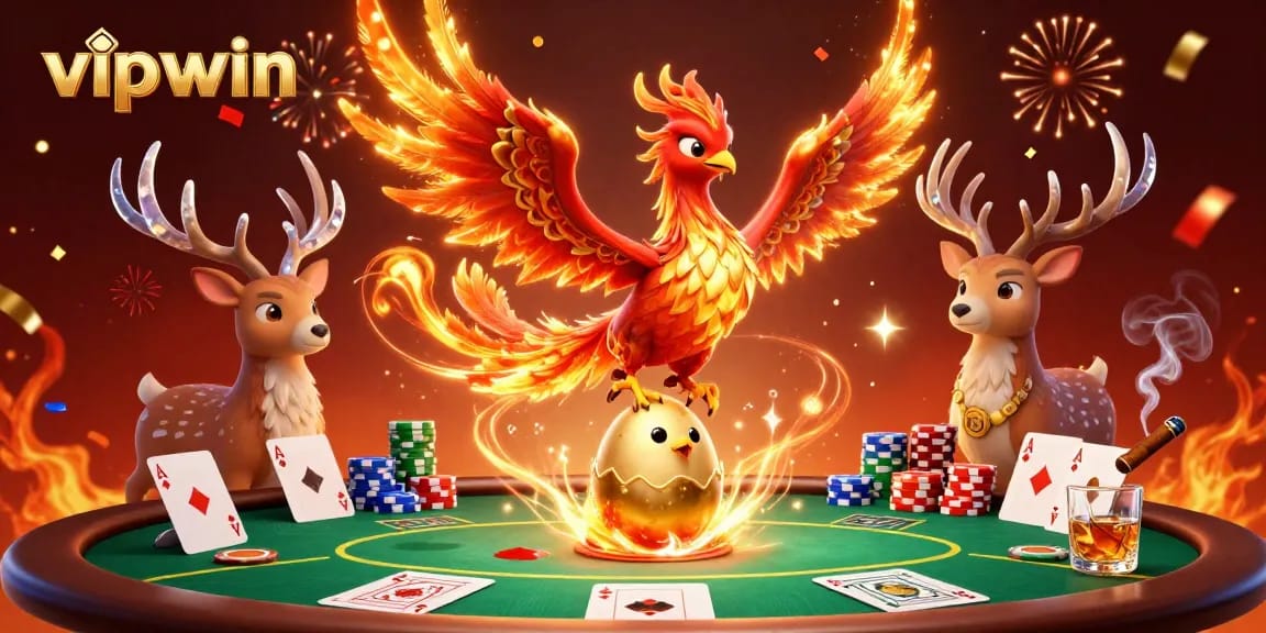 Experience thrilling poker gameplay at vipwin, where a fiery phoenix and majestic stag create an unforgettable casino atmosphere.