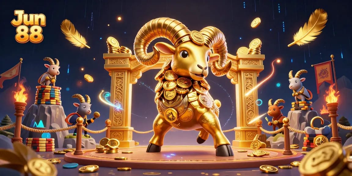 Experience the thrill of Jun 88 with a dynamic scene featuring a golden ram and energetic gambling elements.