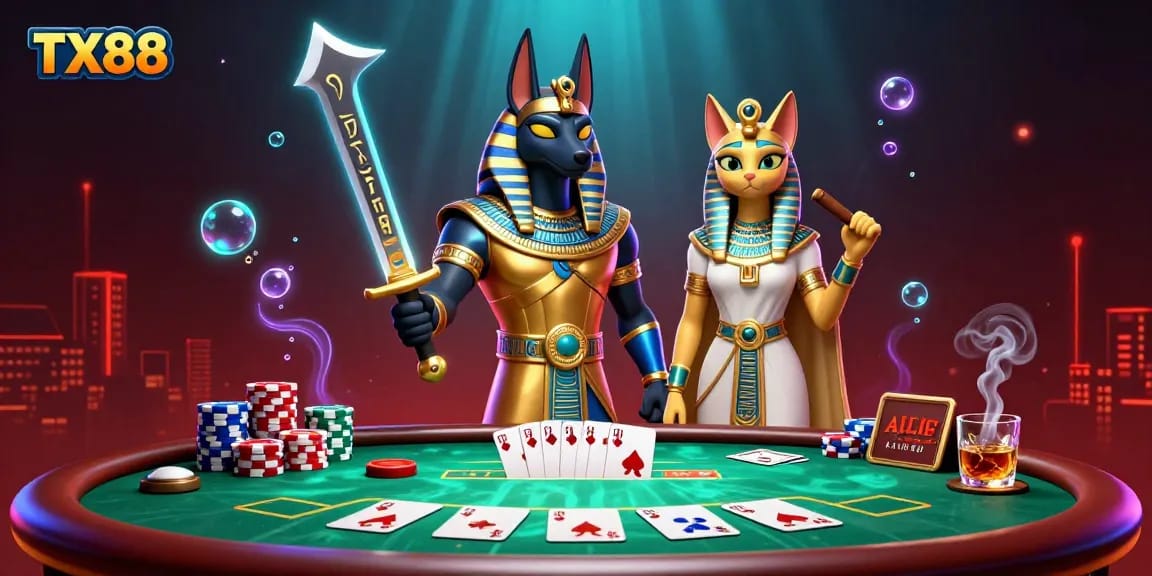 Engage with the TX88 poker scene featuring Anubis and Bastet, vibrant chips, and a royal flush hand.