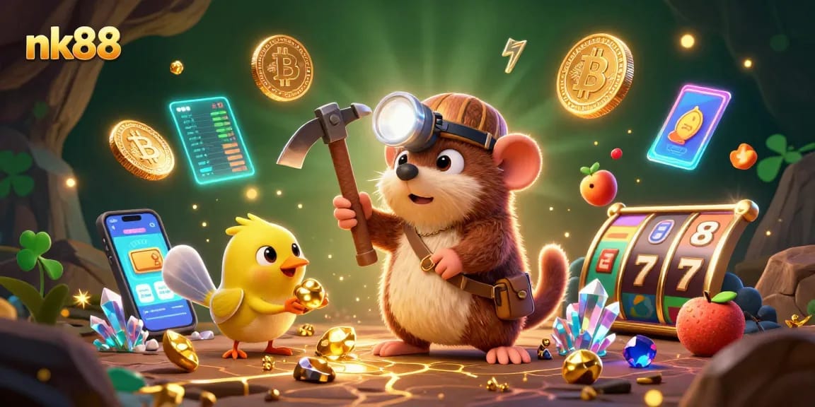 Experience the thrill of nk88 with vibrant slot games and glowing treasures in a 3D cartoon scene.