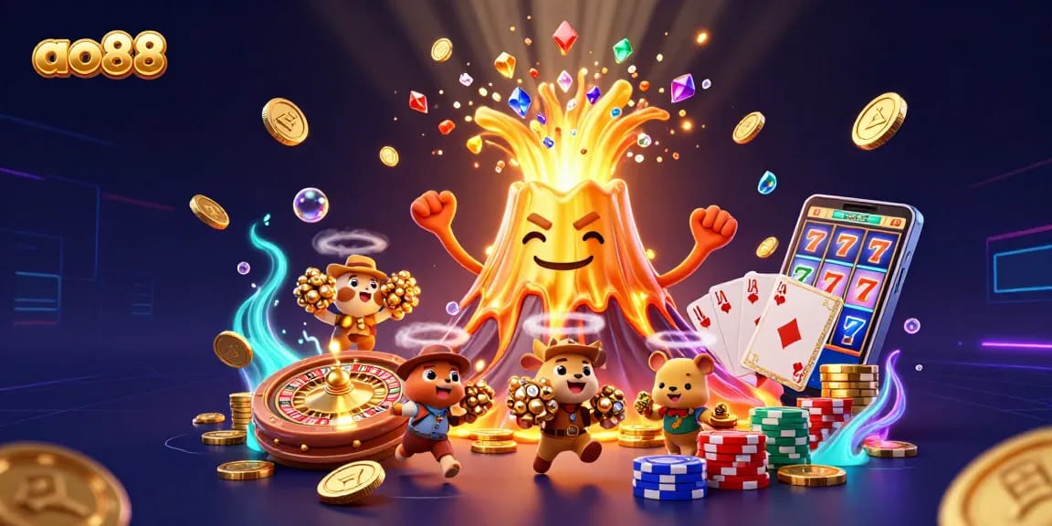 Spin to win at ao88 with treasure-laden volcano and vibrant casino elements.