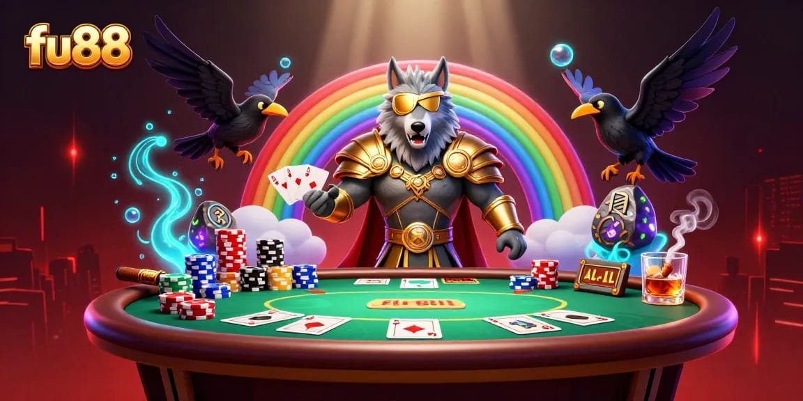 fu88 illustrates a vibrant casino scene with Odin and ravens, showcasing poker excitement and colorful chips.