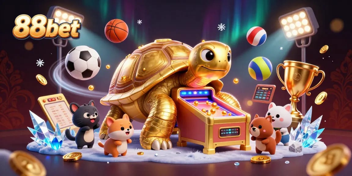 Engage with 88bet in a dynamic gaming scene featuring an animated golden tortoise and sports symbols.