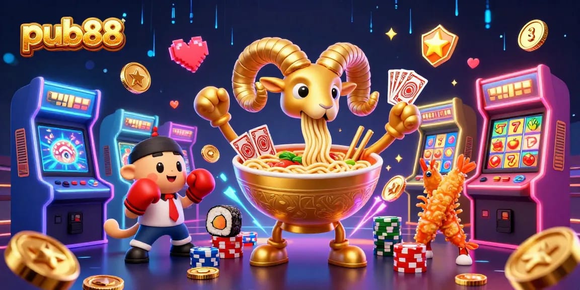 Experience excitement at pub88 with a giant ramen dealer amidst vibrant casino elements.