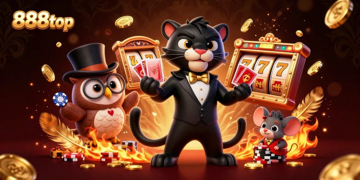 Delight in the vibrant world of 888top as the panther deals cards against a backdrop of swirling golden coins and vibrant casino elements.