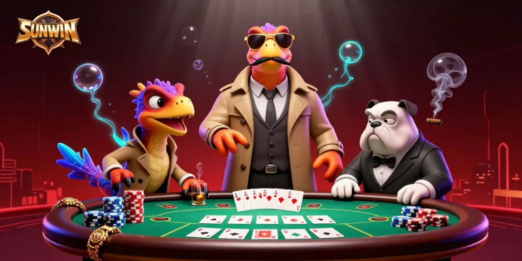Raptors in a trench coat humorously attempting to enter a casino lounge, featuring vintage poker elements in a vibrant scene.