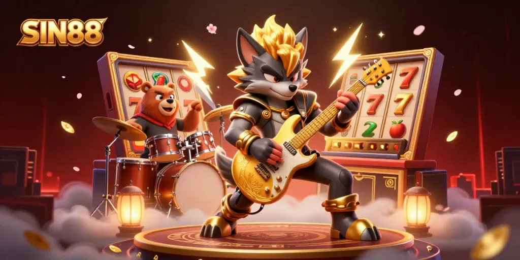 SIN88 showcases vibrant casino action with a rock star wolf and drummer bear amidst dazzling gaming elements.