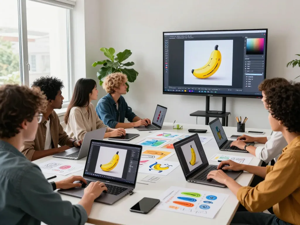 Diverse designers collaborating on vibrant digital artwork with nano banana AI image editor in a bright workspace.
