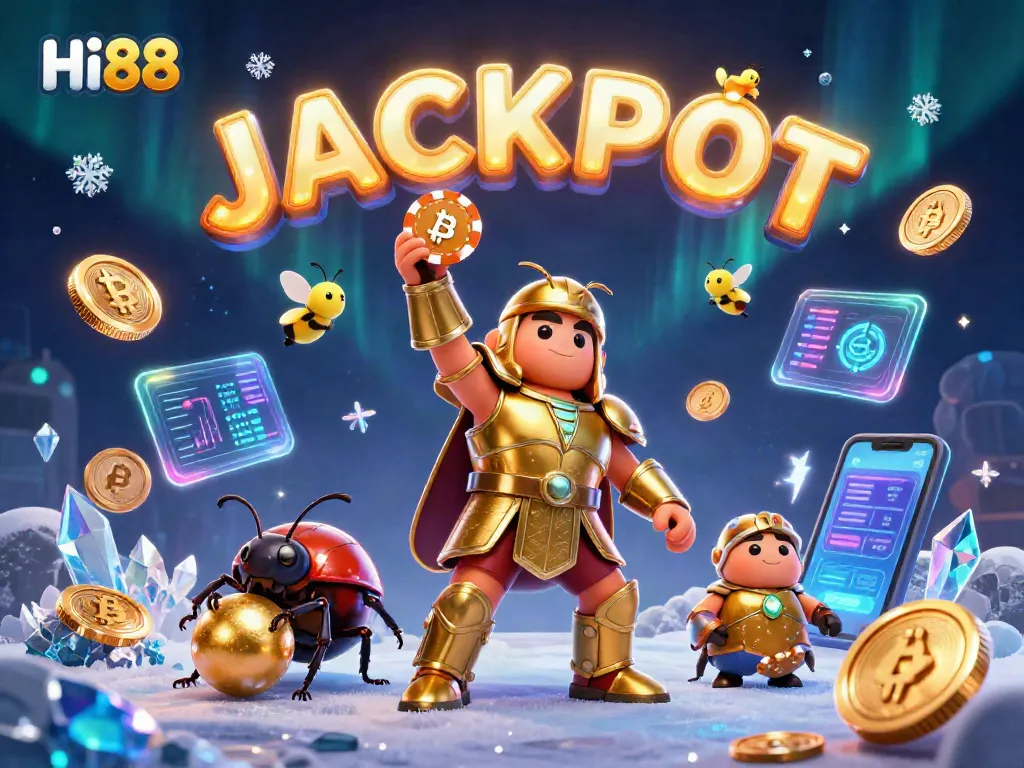 Experience the excitement of Hi88 as a victorious beetle showcases its poker chip amidst vibrant casino elements.