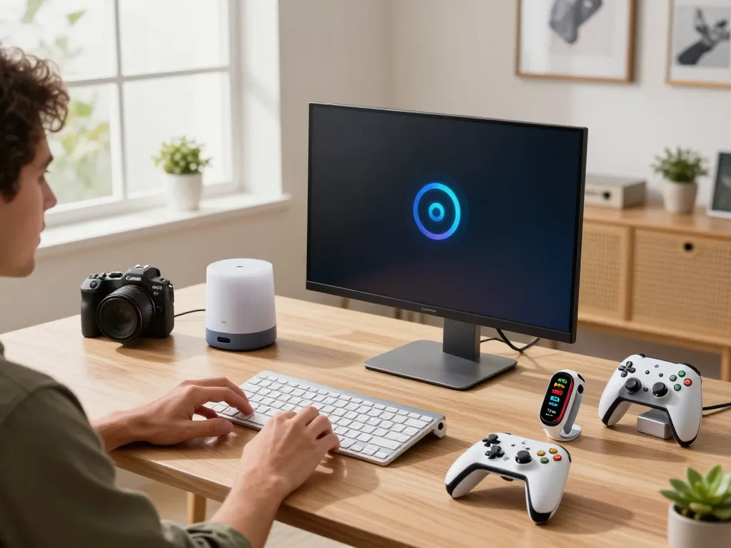 Showcasing innovative tech gadgets including a wireless keyboard and health tracker in a bright home office.