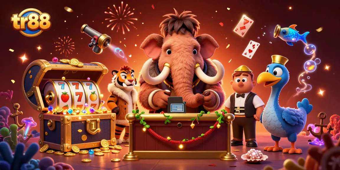 tr88 showcases a vibrant casino scene with a woolly mammoth bouncer and VIP guests amidst slot machine excitement.