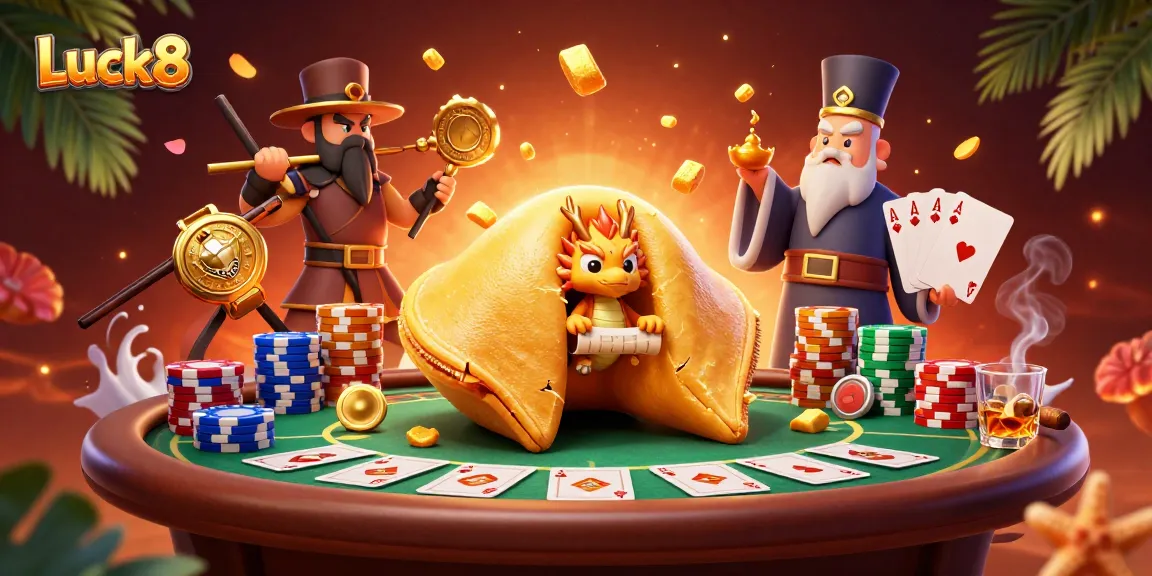 Luck8 showcases a vibrant illustration of an engaging casino scene with treasure and poker elements.