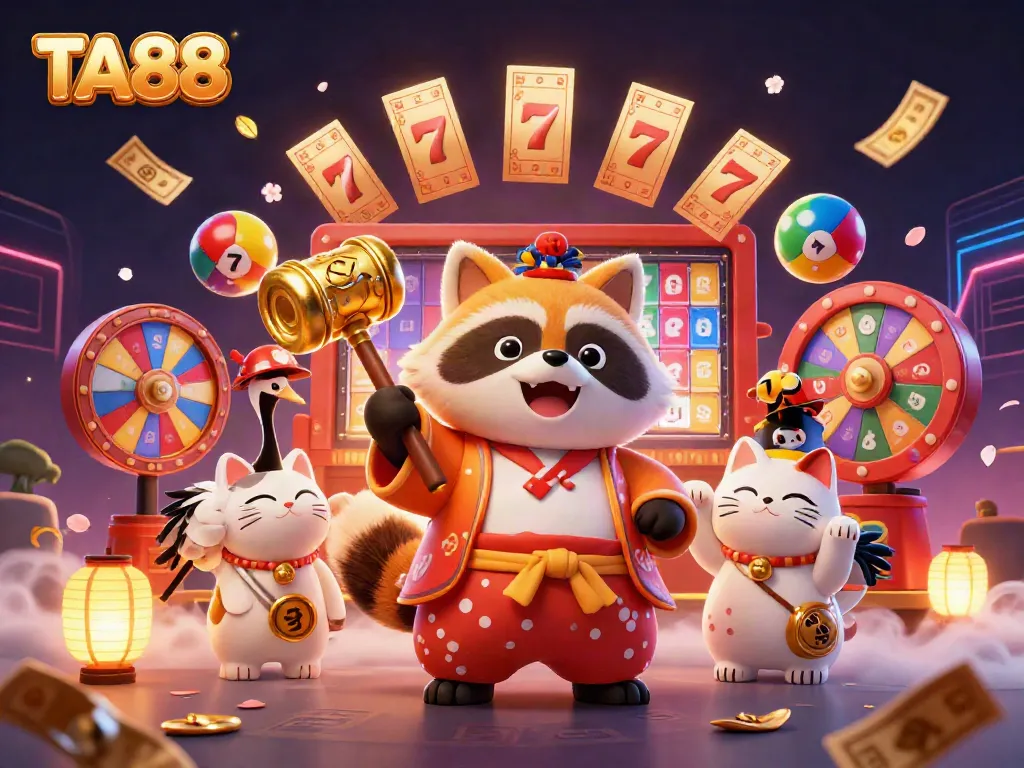 Engage with TA88's immersive gaming world where cheerful characters celebrate vibrant jackpots and excitement.