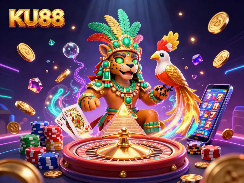 Experience the thrill at KU88 with colorful poker chips and shimmering golden coins in an exciting casino scene.