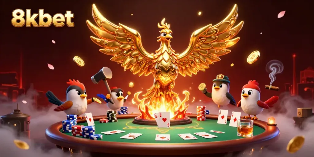 Experience thrilling 8xbet gameplay with a golden phoenix emerging from a forge surrounded by dynamic poker elements.