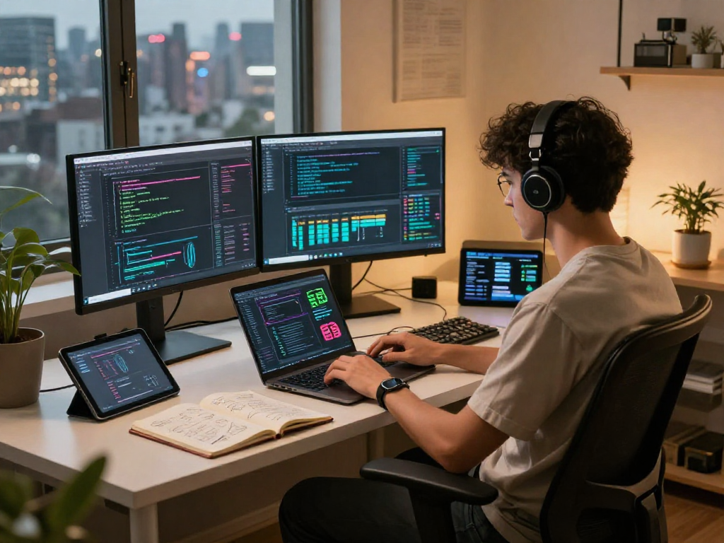 Developer engrossed in AI algorithms at a modern workspace featuring 18+ ai technology.