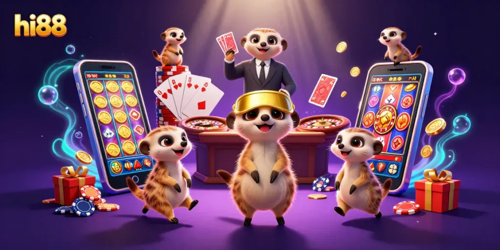 Win big with hi88 while meerkats manage a bustling casino filled with games and excitement.