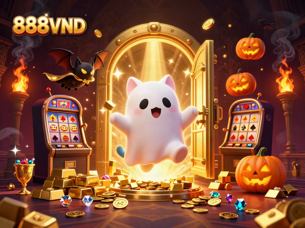 Experience thrilling wins at 888VND with a ghost cat and vampire bat in a vibrant casino.