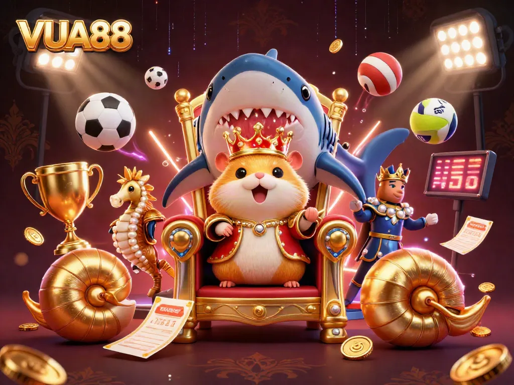 Experience the excitement of VUA88 with a dynamic casino illustration showcasing a golden hamster king and elements of sports betting.