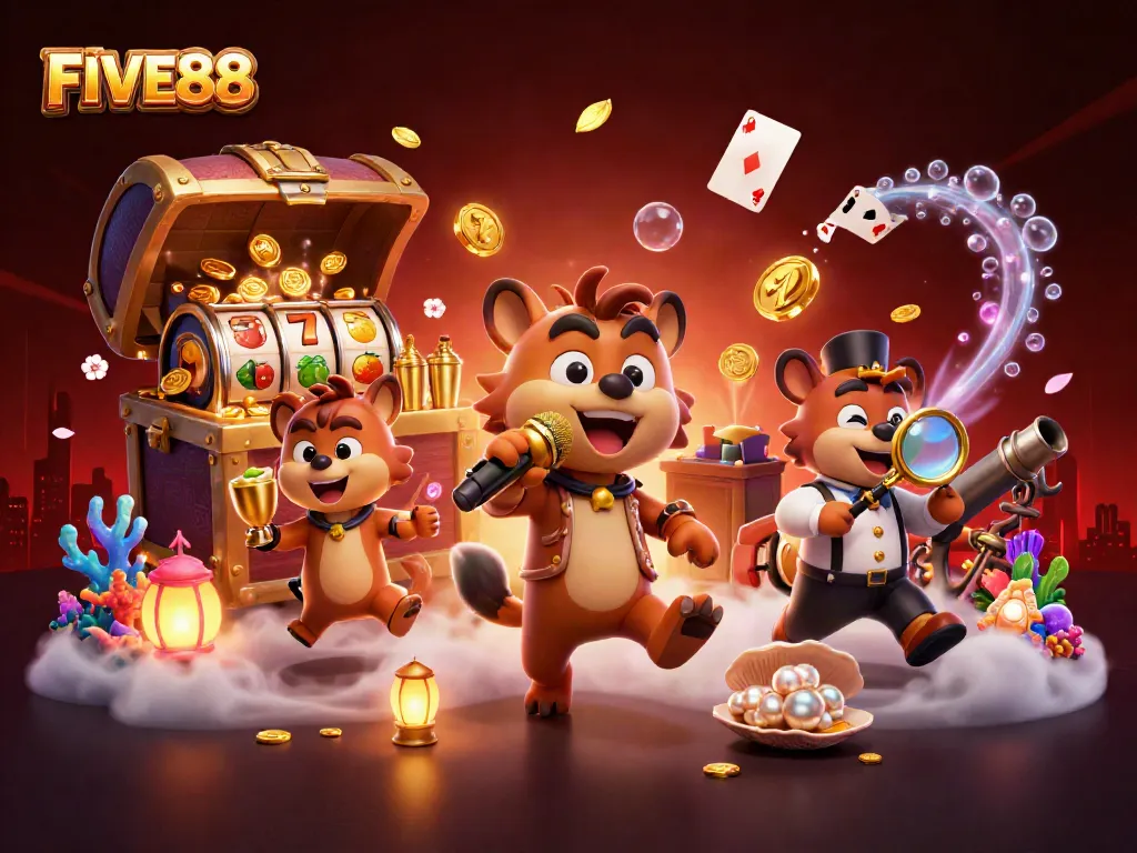 Experience laughter and excitement at FIVE88 with hyenas in a vibrant casino scene.