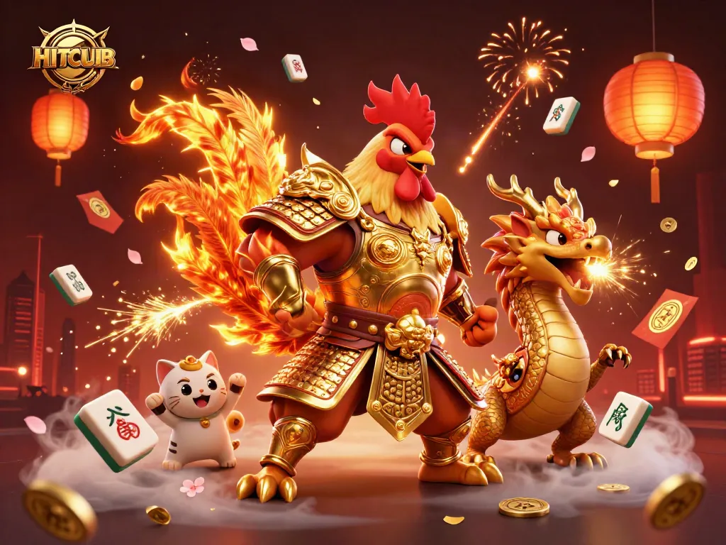 Experience excitement with HITCLUB's powerful rooster warrior and dragon mascot in vibrant gambling-themed illustration.