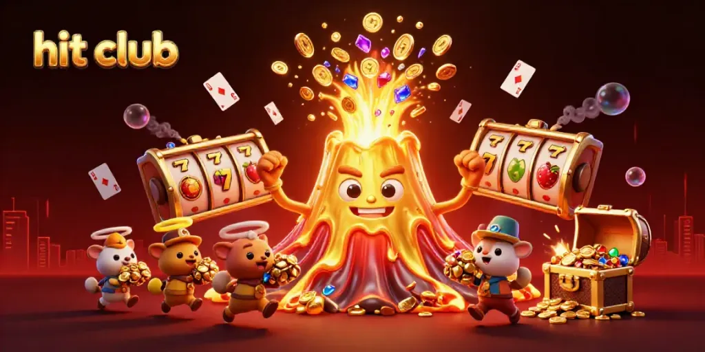 Experience the thrill of hit club with a vibrant 3D illustration of a golden volcano bursting with treasure.