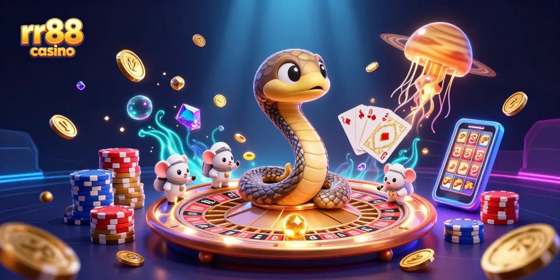 Experience rr88 casino excitement with cosmic dealer and astronaut mice in vibrant 3D action.