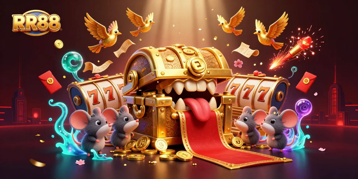 Engage with RR88's vibrant casino scene featuring treasures, adventure mice, and dynamic gaming elements.