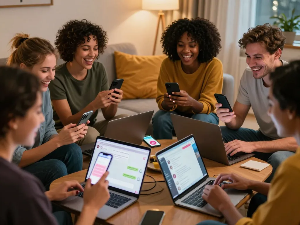 Engaging adults in lively sexchat interactions on devices in an inviting indoor setting.