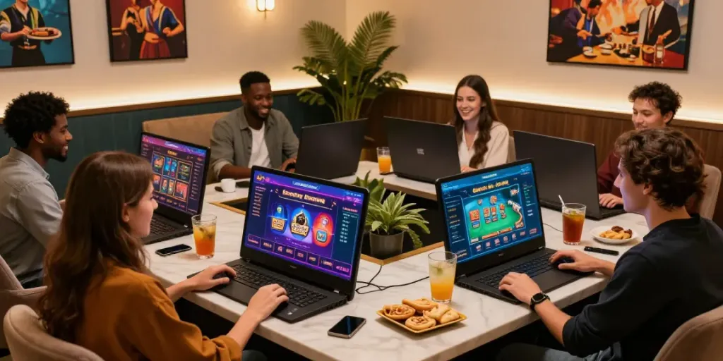 Players enjoying non GamStop casino games in stylish lounge with warm ambiance.