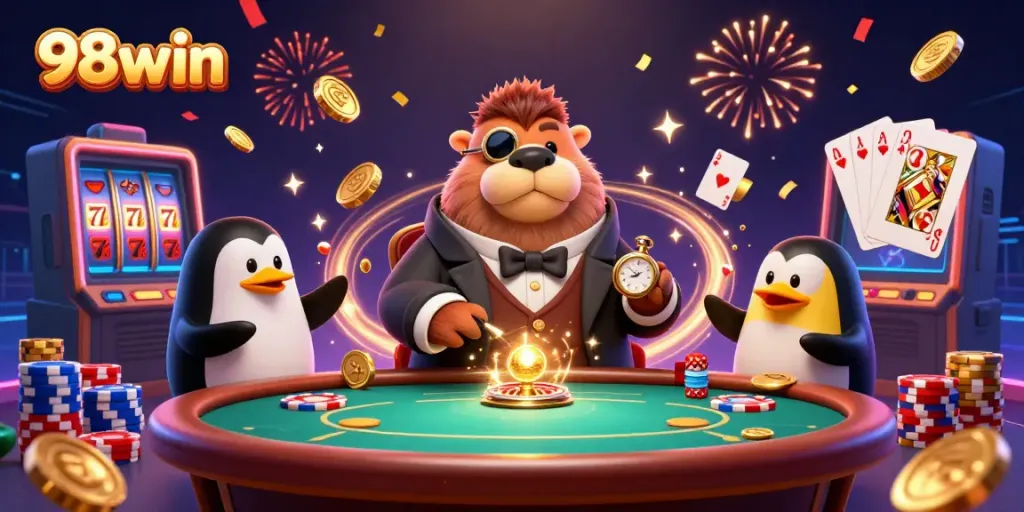 Join the fun at 98win with the walrus, dealer penguin, and bluffing pufferfish in this animated casino scene.