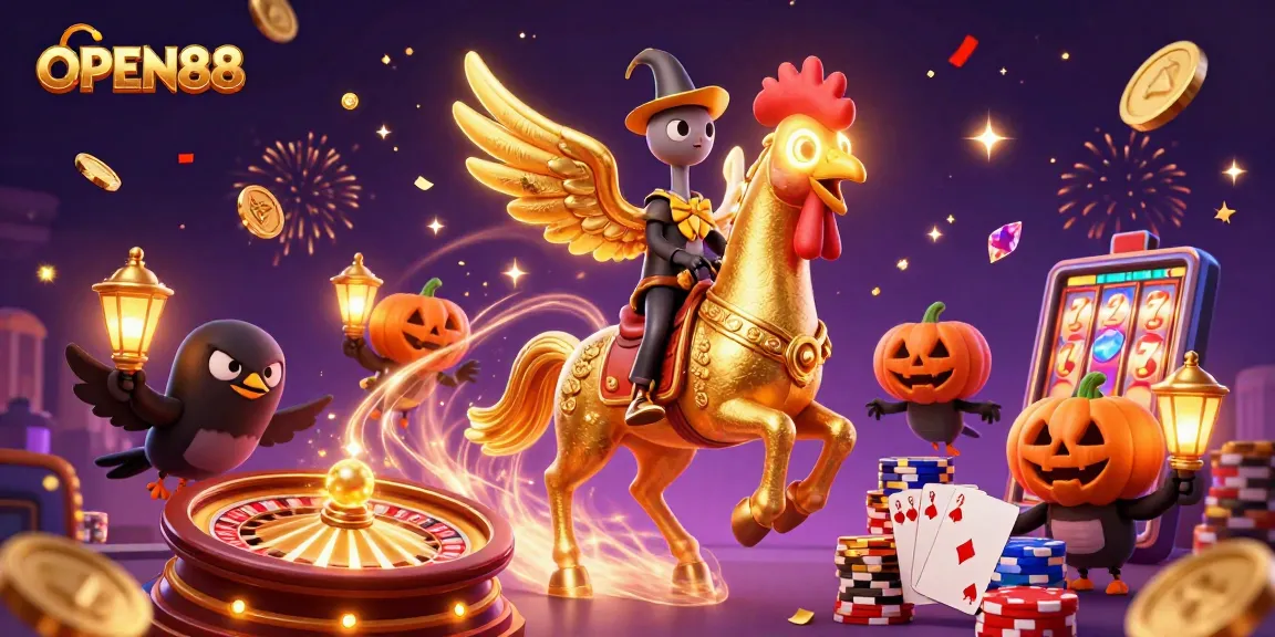 Experience the excitement at OPEN88 with dynamic casino elements and characters in a vibrant scene.