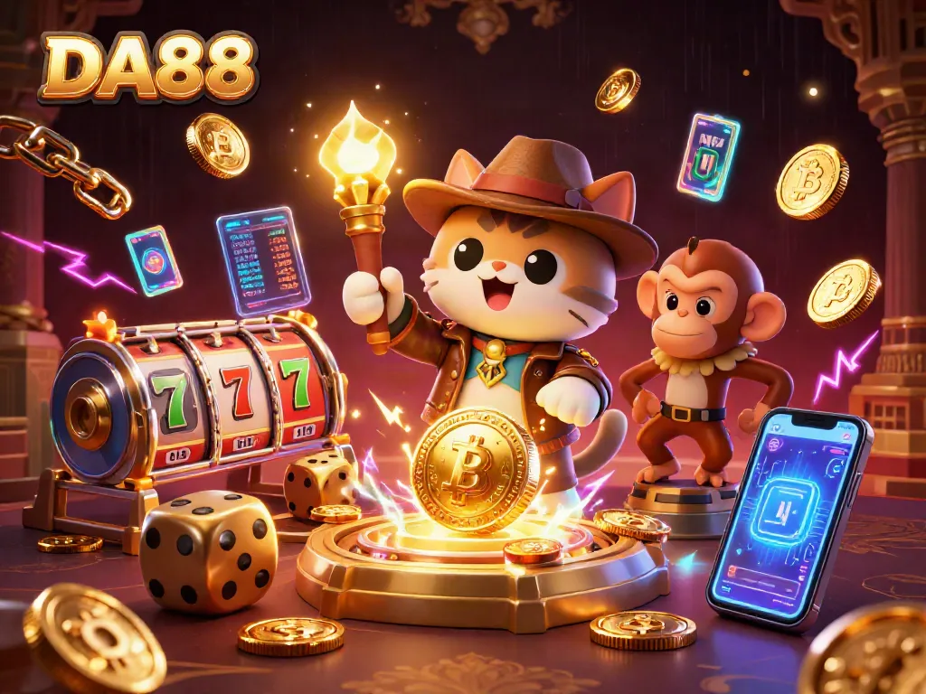Engaging scene showcasing DA88 in an ancient casino temple, filled with vibrant slot reels and crypto elements.