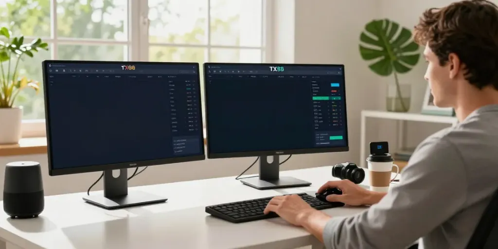 Engaged user on http://tx88-onl.net/ betting on sports in a modern home office, screens showing live odds.