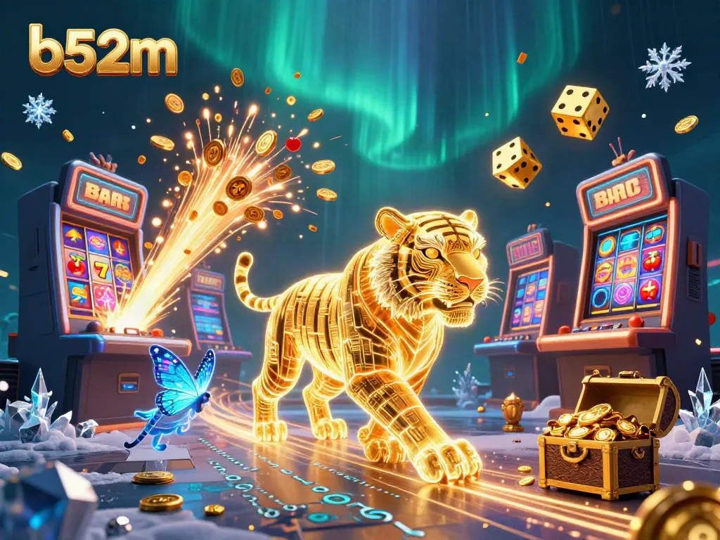 Experience the excitement of b52m with a vibrant digital casino landscape, featuring golden tiger and jackpot symbols.