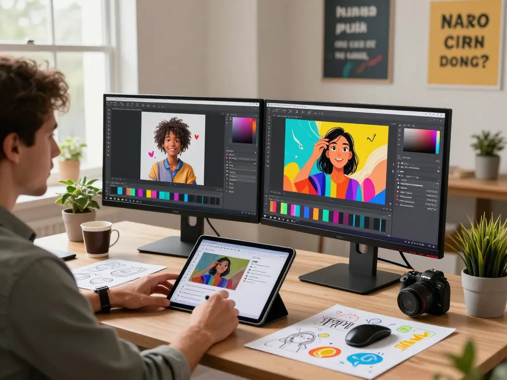 Creative professional editing vibrant AI images using nano banana flash technology in a digital studio.