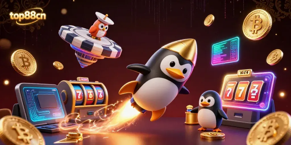Experience exciting gaming at top88cn with a golden penguin and casino space station illustration.